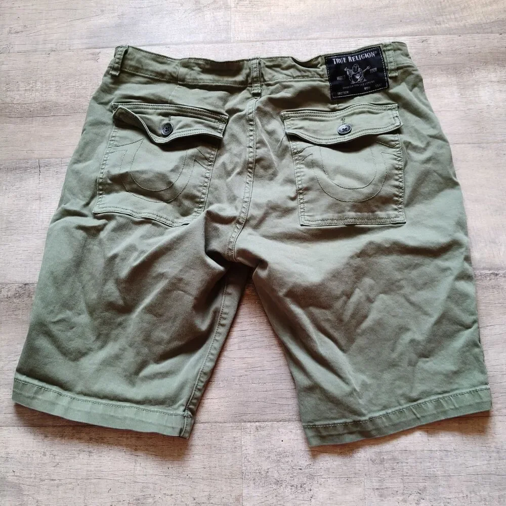 ​True Religion Mens Green Cargo Shorts Utility Casual Shorts Size 36